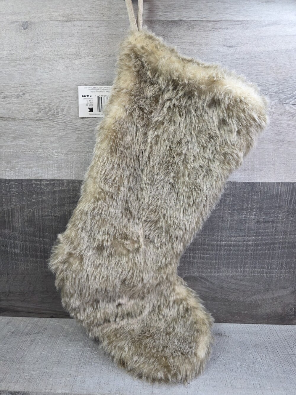 20" Christmas Stocking Faux Fur Beige Rustic Cabin Farmhouse NOS Kmart 55b